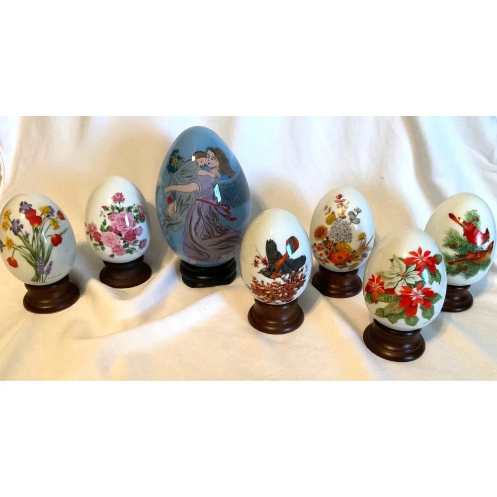 Lot AVON 7 of Seasons Porcelain Egg  WOOD STANDS & Boxes 1987-1988+ Angel EGG